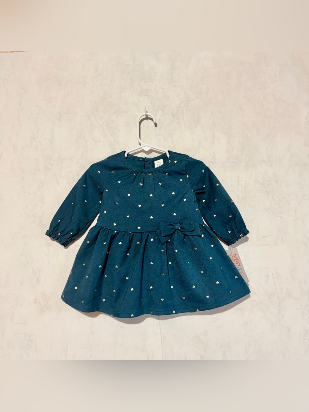 Carter’s Just One You Girls Long-Sleeve Teal Heart Print Dress with Bow, Size 9M